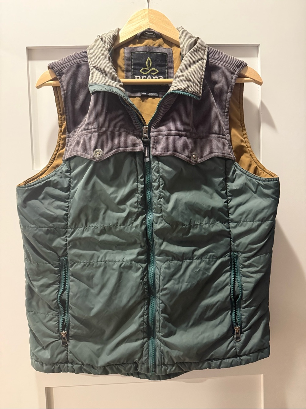 Prana Teal Green Puffer Vest with Gray Corduroy Yoke